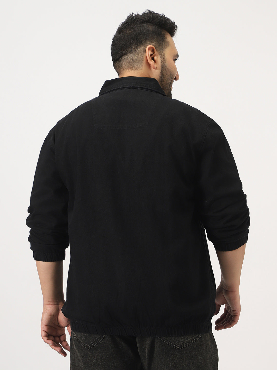 Plus Men's Black Relaxed Fit Full Sleeve Harrington Denim Jacket