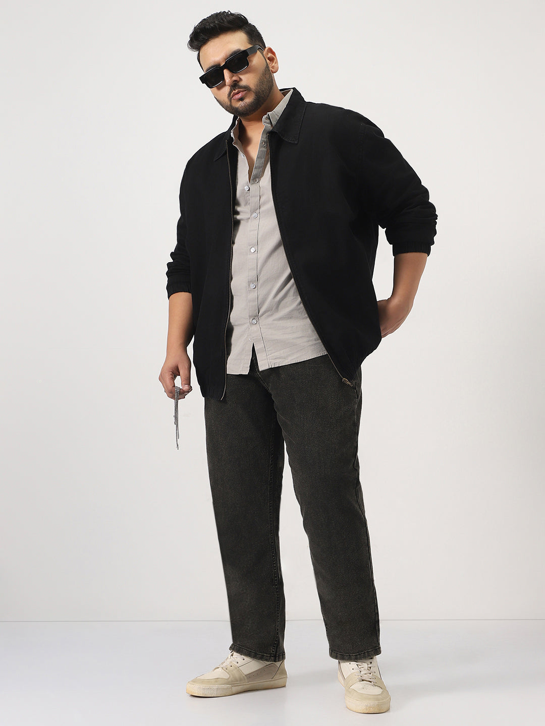 Plus Men's Black Relaxed Fit Full Sleeve Harrington Denim Jacket