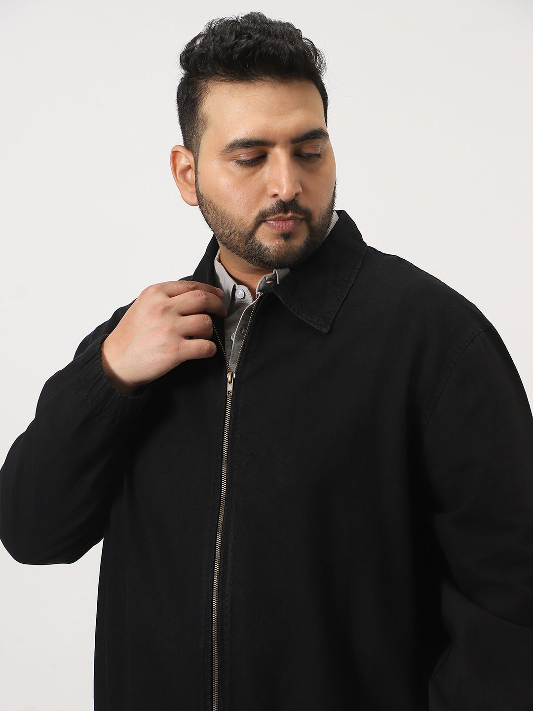 Plus Men's Black Relaxed Fit Full Sleeve Harrington Denim Jacket