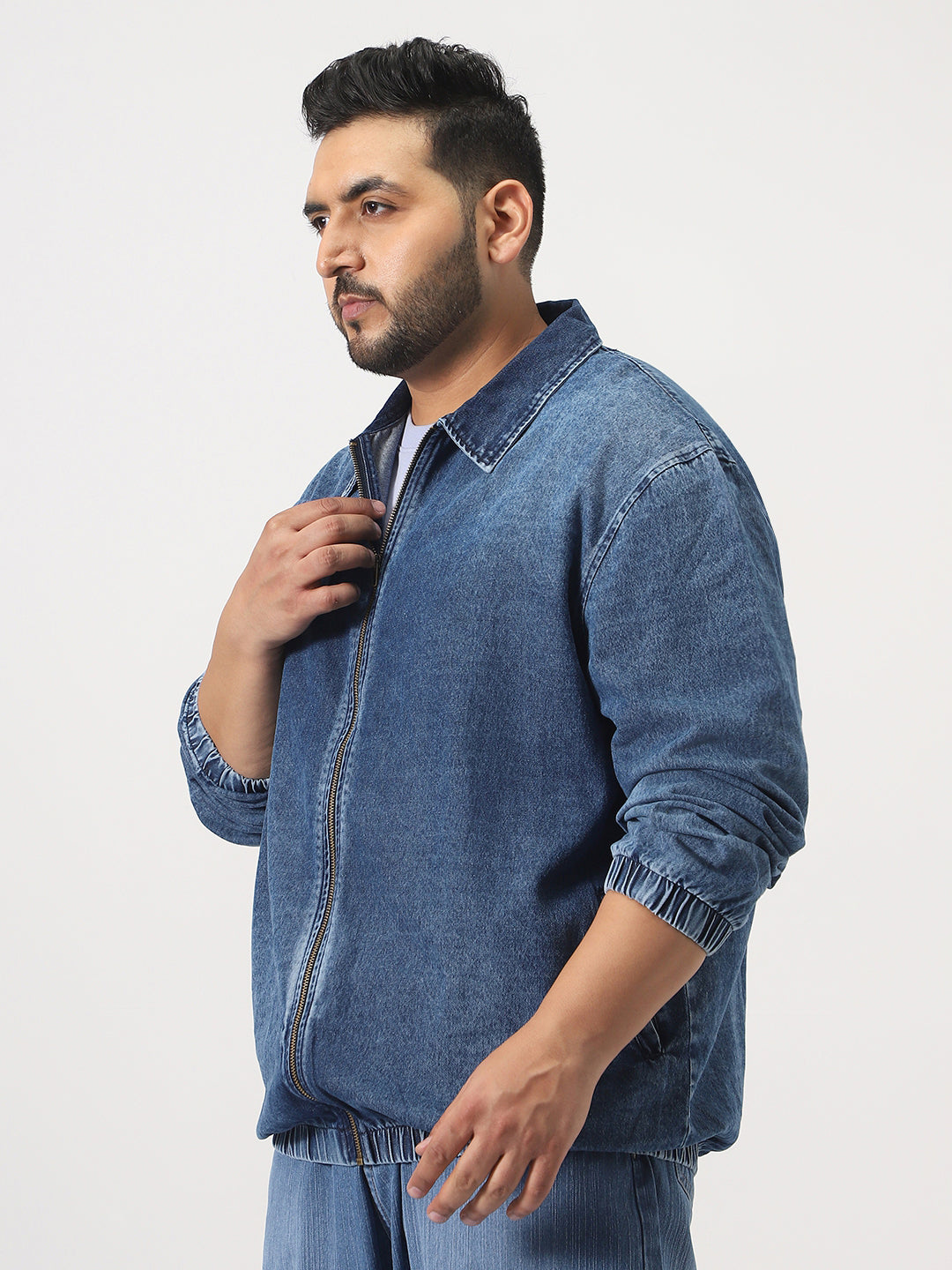 Plus Men's Dark Blue Relaxed Fit Full Sleeve Harrington Denim Jacket
