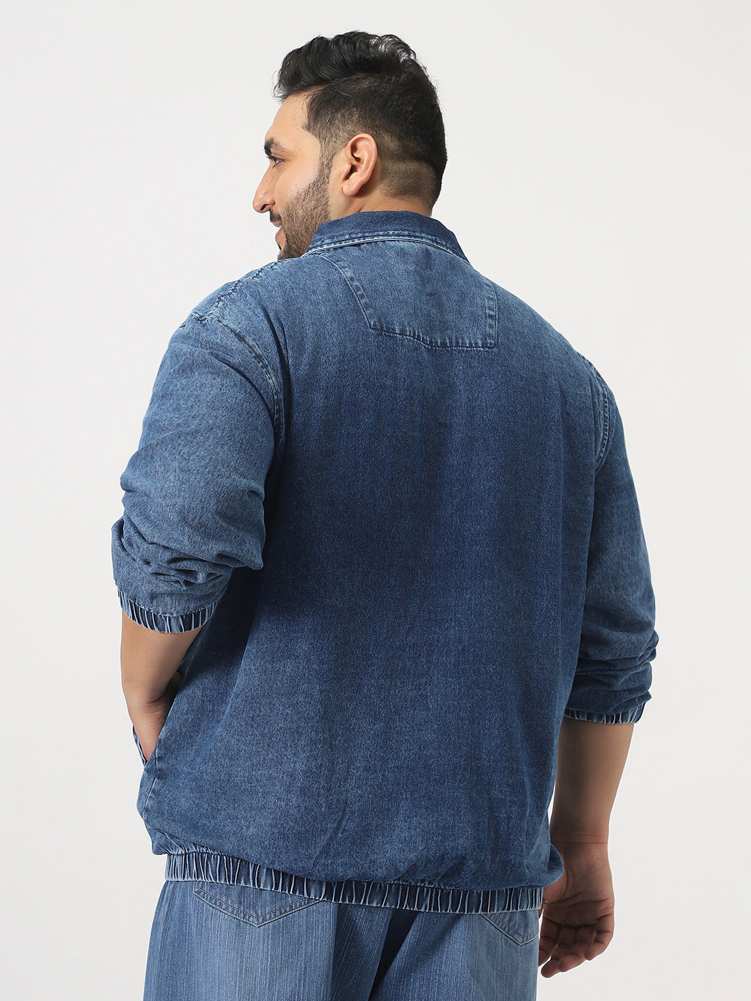 Plus Men's Dark Blue Relaxed Fit Full Sleeve Harrington Denim Jacket