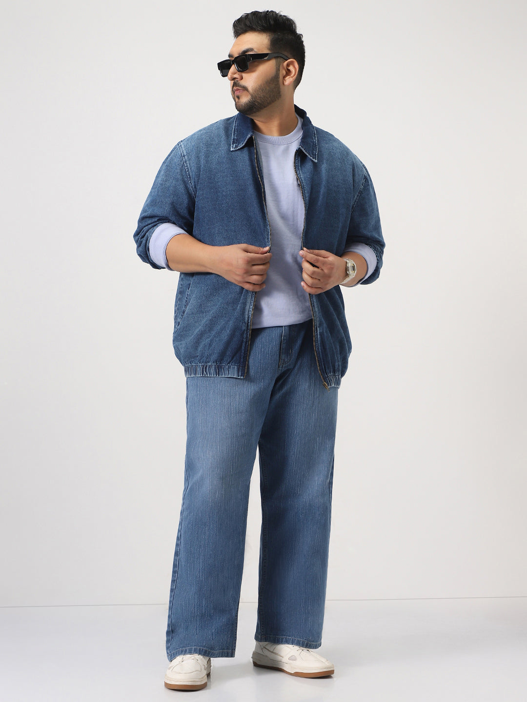 Plus Men's Dark Blue Relaxed Fit Full Sleeve Harrington Denim Jacket