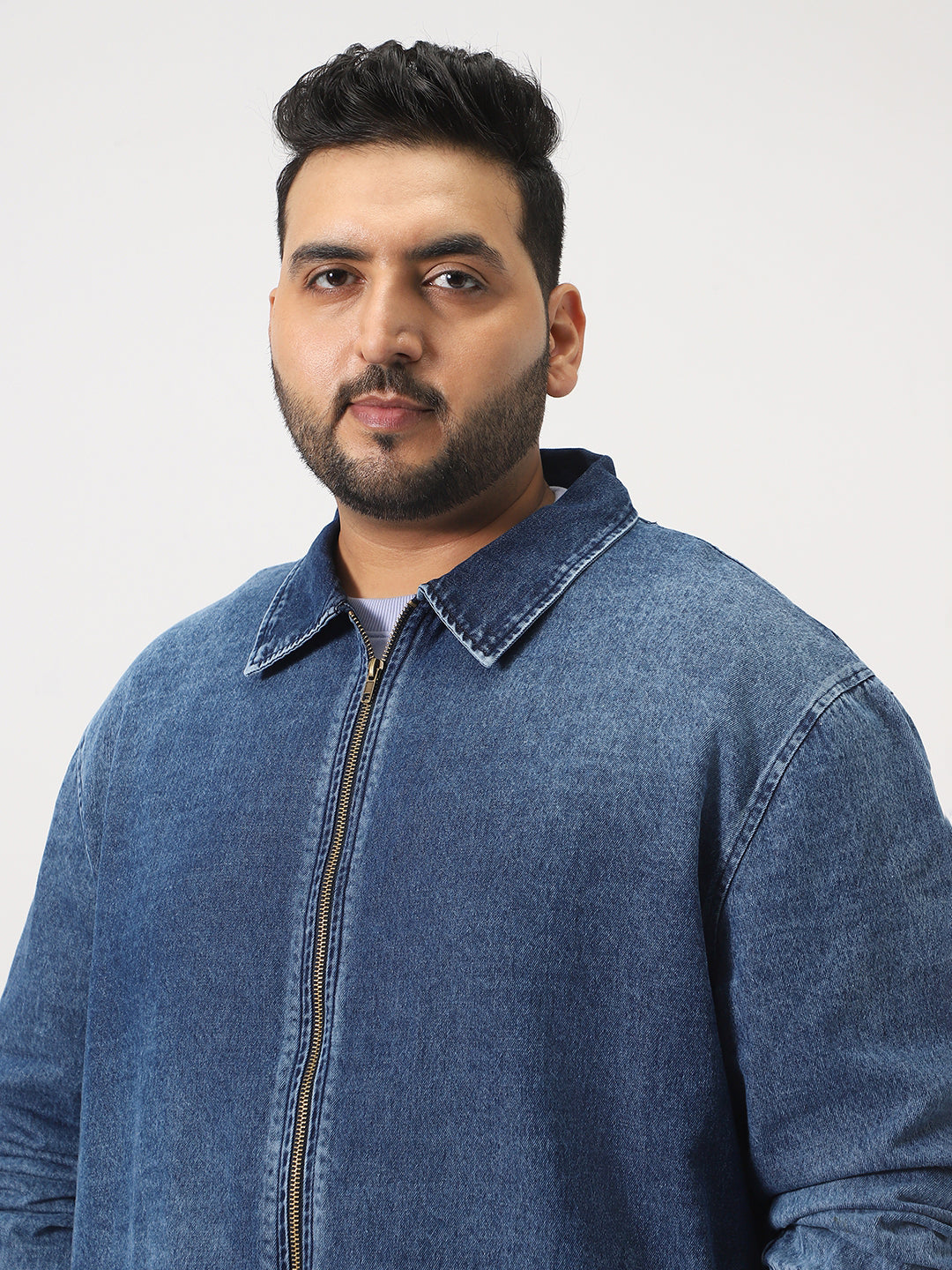 Plus Men's Dark Blue Relaxed Fit Full Sleeve Harrington Denim Jacket