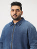 Plus Men's Dark Blue Relaxed Fit Full Sleeve Harrington Denim Jacket
