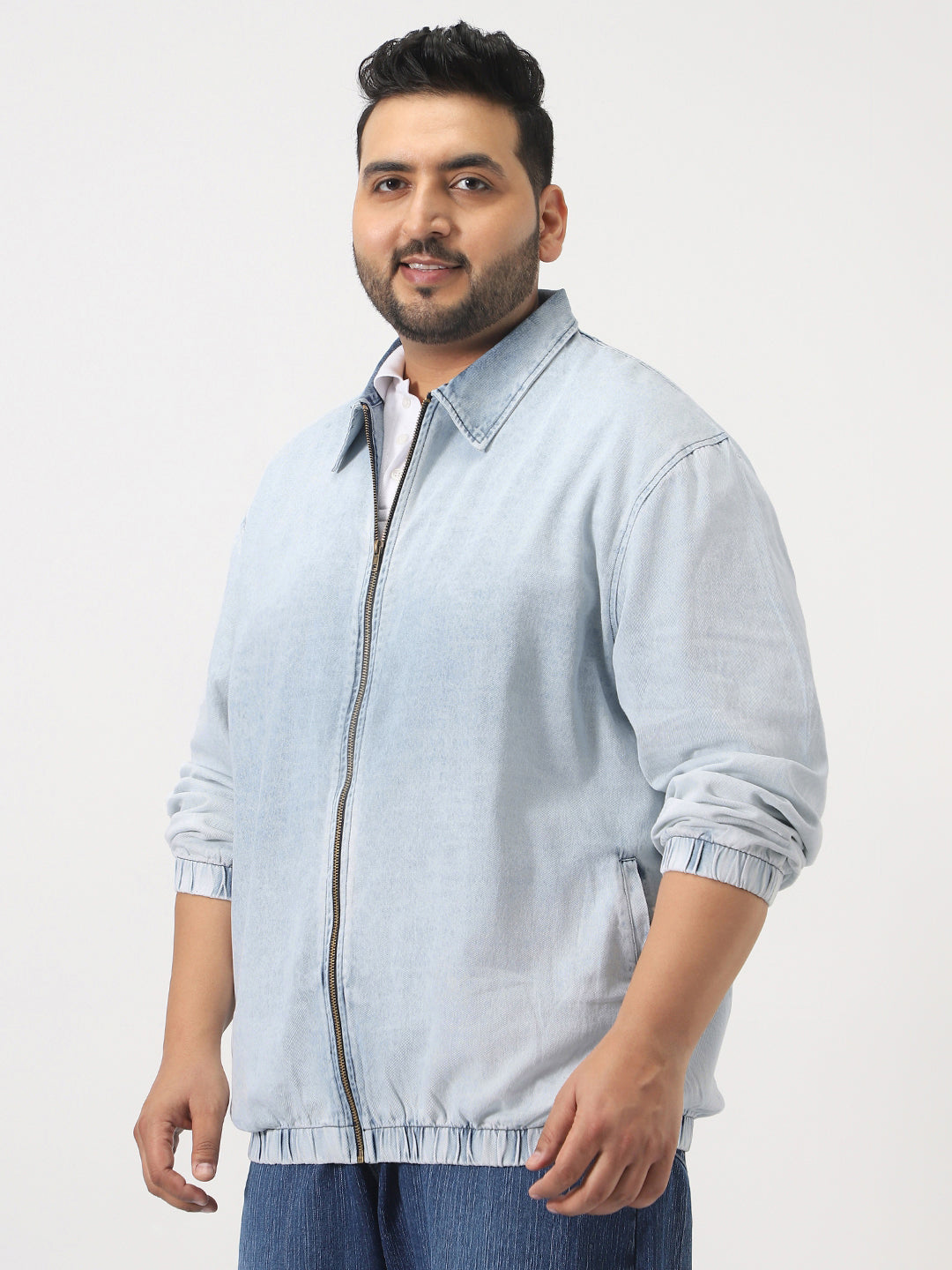Plus Men's Ice Blue Relaxed Fit Full Sleeve Harrington Denim Jacket