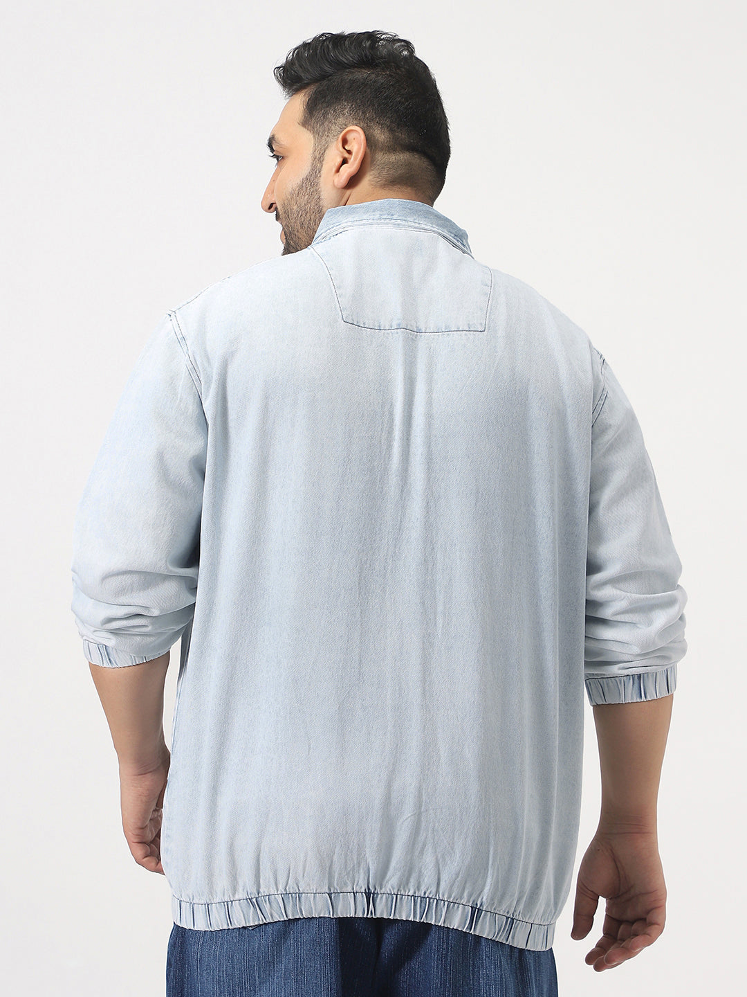 Plus Men's Ice Blue Relaxed Fit Full Sleeve Harrington Denim Jacket