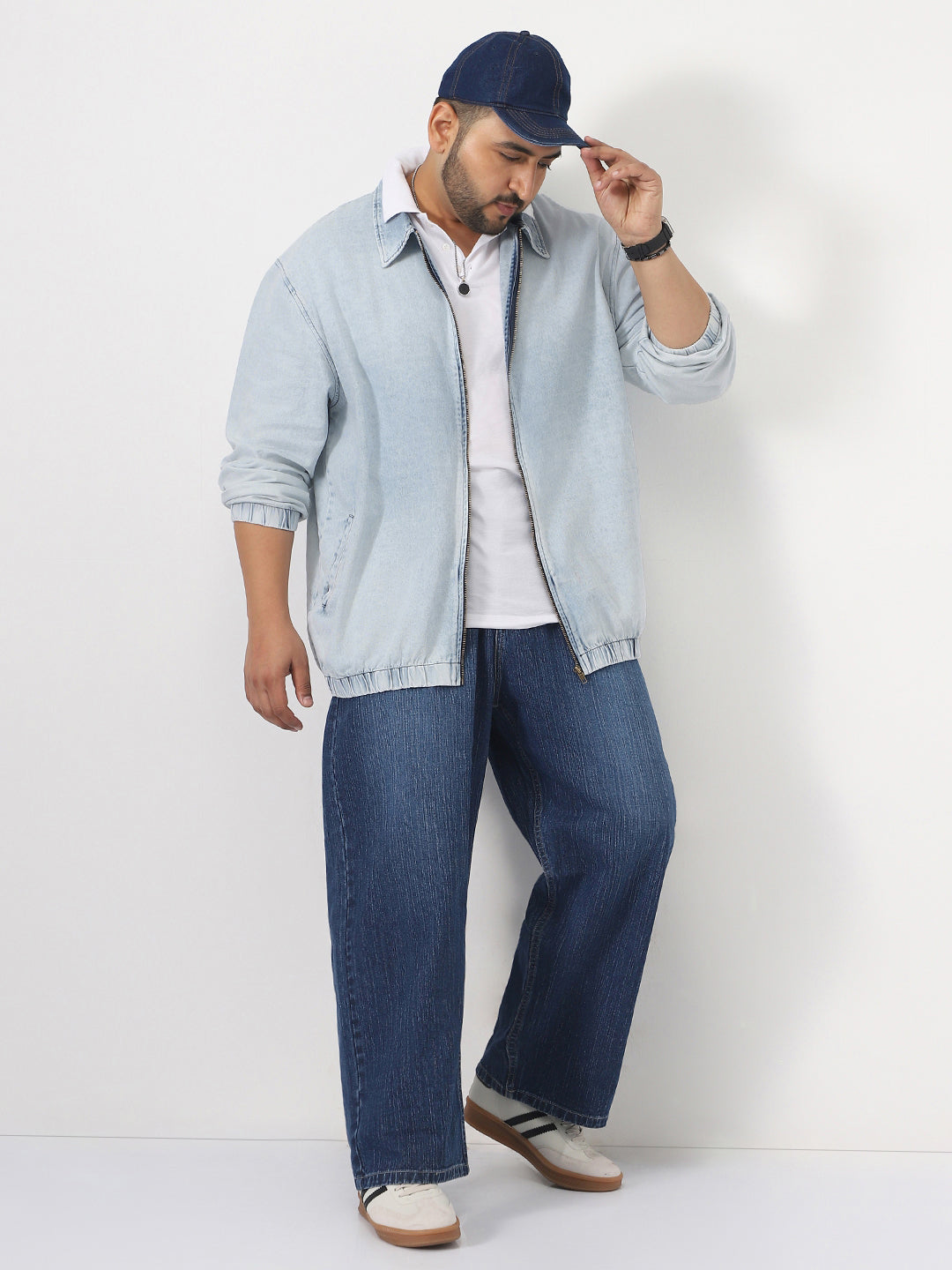 Plus Men's Ice Blue Relaxed Fit Full Sleeve Harrington Denim Jacket