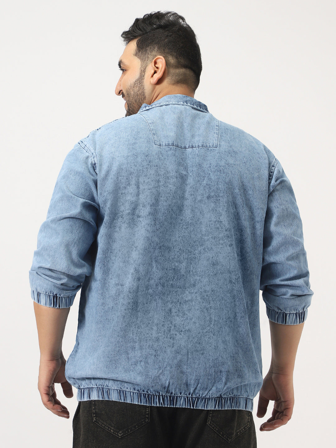 Plus Men's Light Blue Relaxed Fit Full Sleeve Harrington Denim Jacket