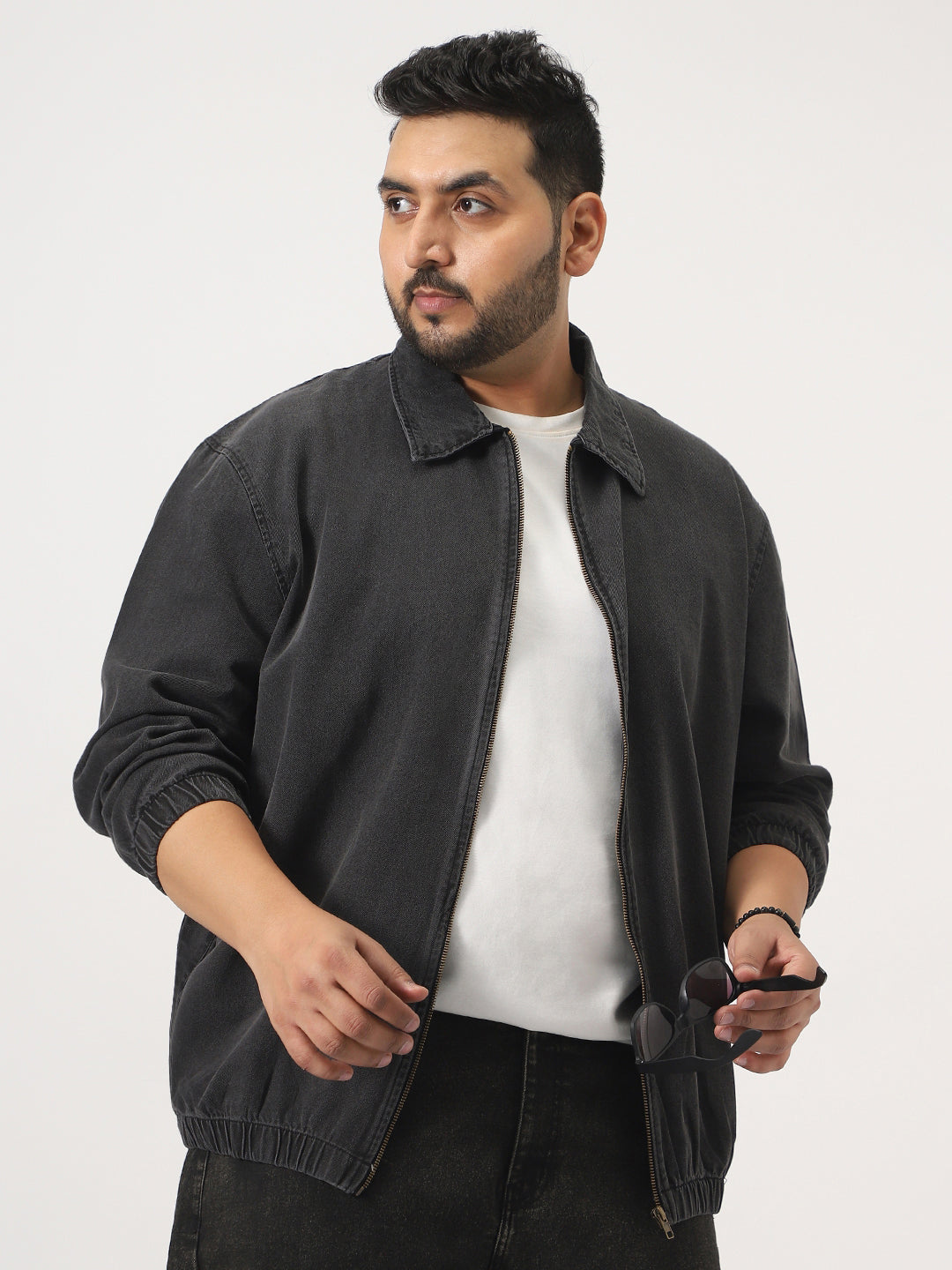 Plus Men's Grey Relaxed Fit Full Sleeve Harrington Denim Jacket
