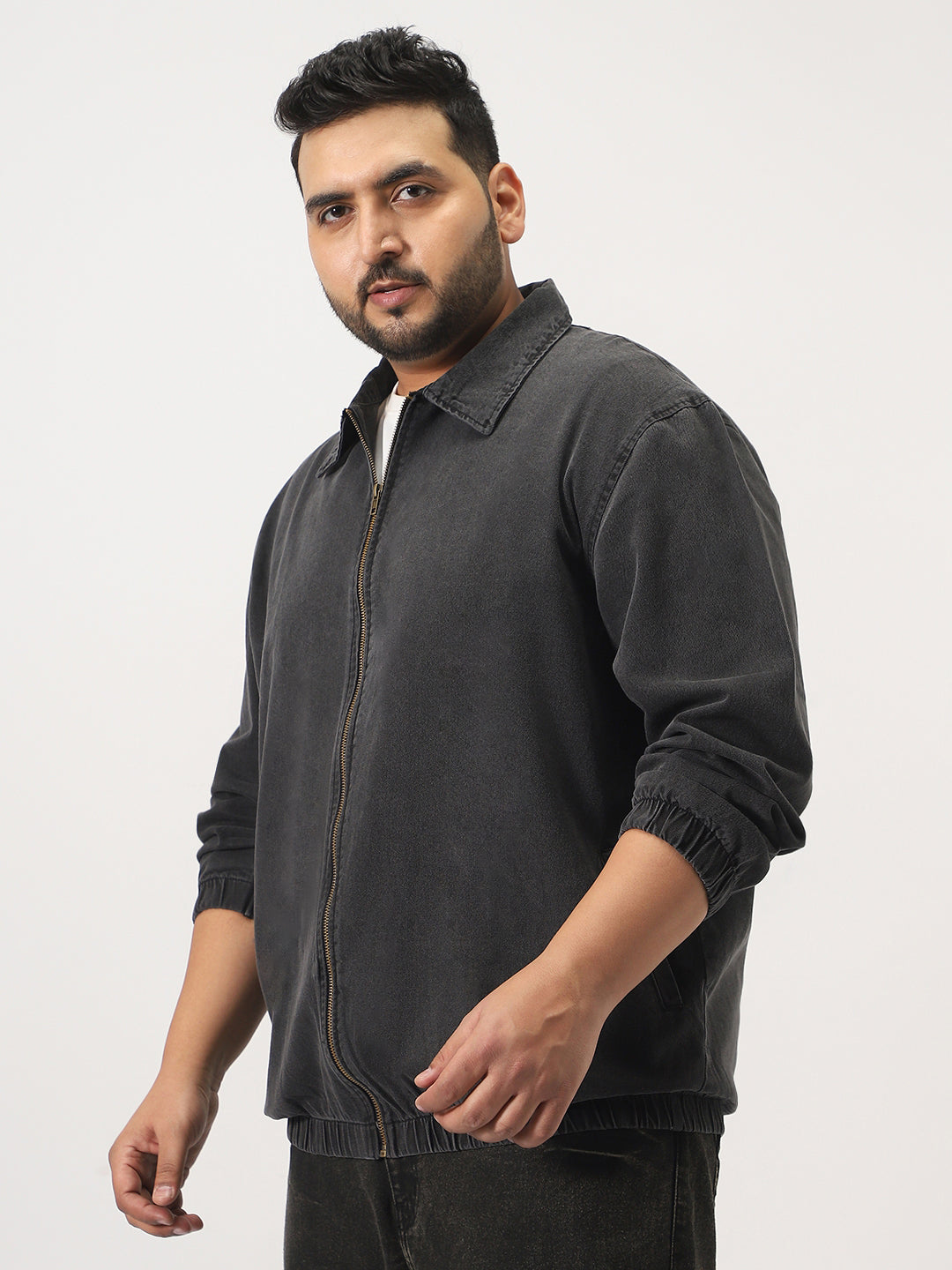 Plus Men's Grey Relaxed Fit Full Sleeve Harrington Denim Jacket