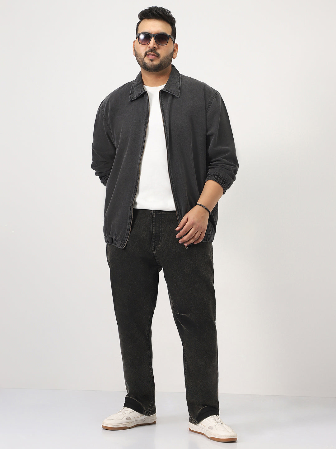 Plus Men's Grey Relaxed Fit Full Sleeve Harrington Denim Jacket