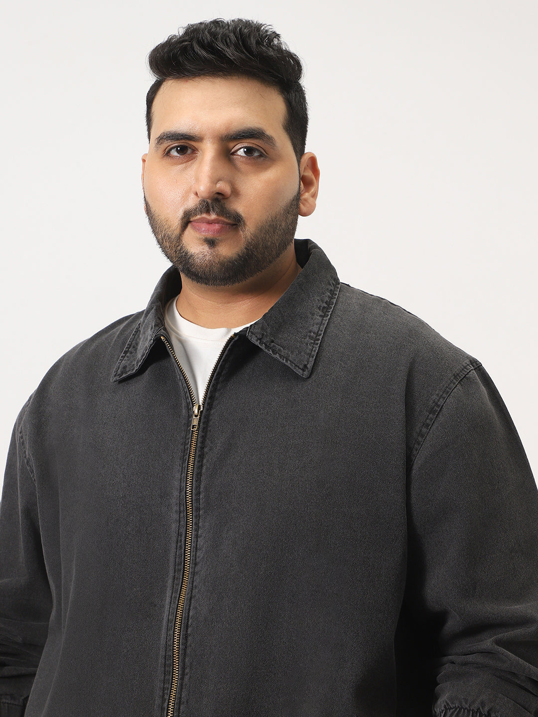 Plus Men's Grey Relaxed Fit Full Sleeve Harrington Denim Jacket