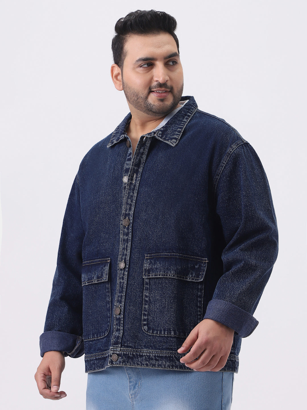 Plus Men's Dark Blue Relaxed Fit Full Sleeve Utility Denim Jacket
