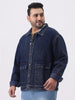 Plus Men's Dark Blue Relaxed Fit Full Sleeve Utility Denim Jacket