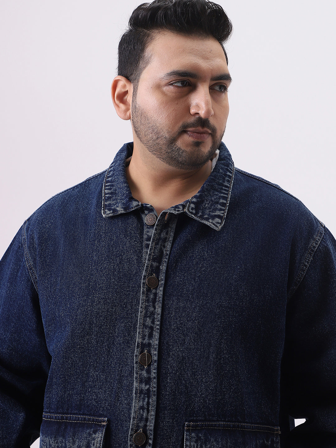 Plus Men's Dark Blue Relaxed Fit Full Sleeve Utility Denim Jacket