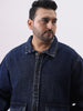 Plus Men's Dark Blue Relaxed Fit Full Sleeve Utility Denim Jacket
