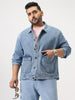 Plus Men's Ice Blue Relaxed Fit Full Sleeve Utility Denim Jacket