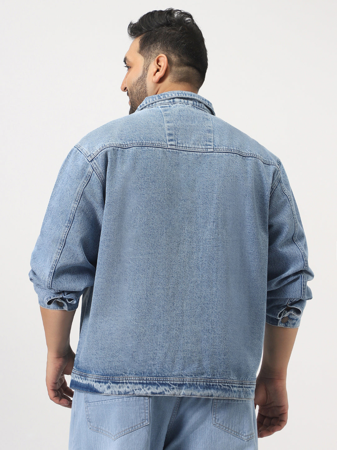 Plus Men's Ice Blue Relaxed Fit Full Sleeve Utility Denim Jacket