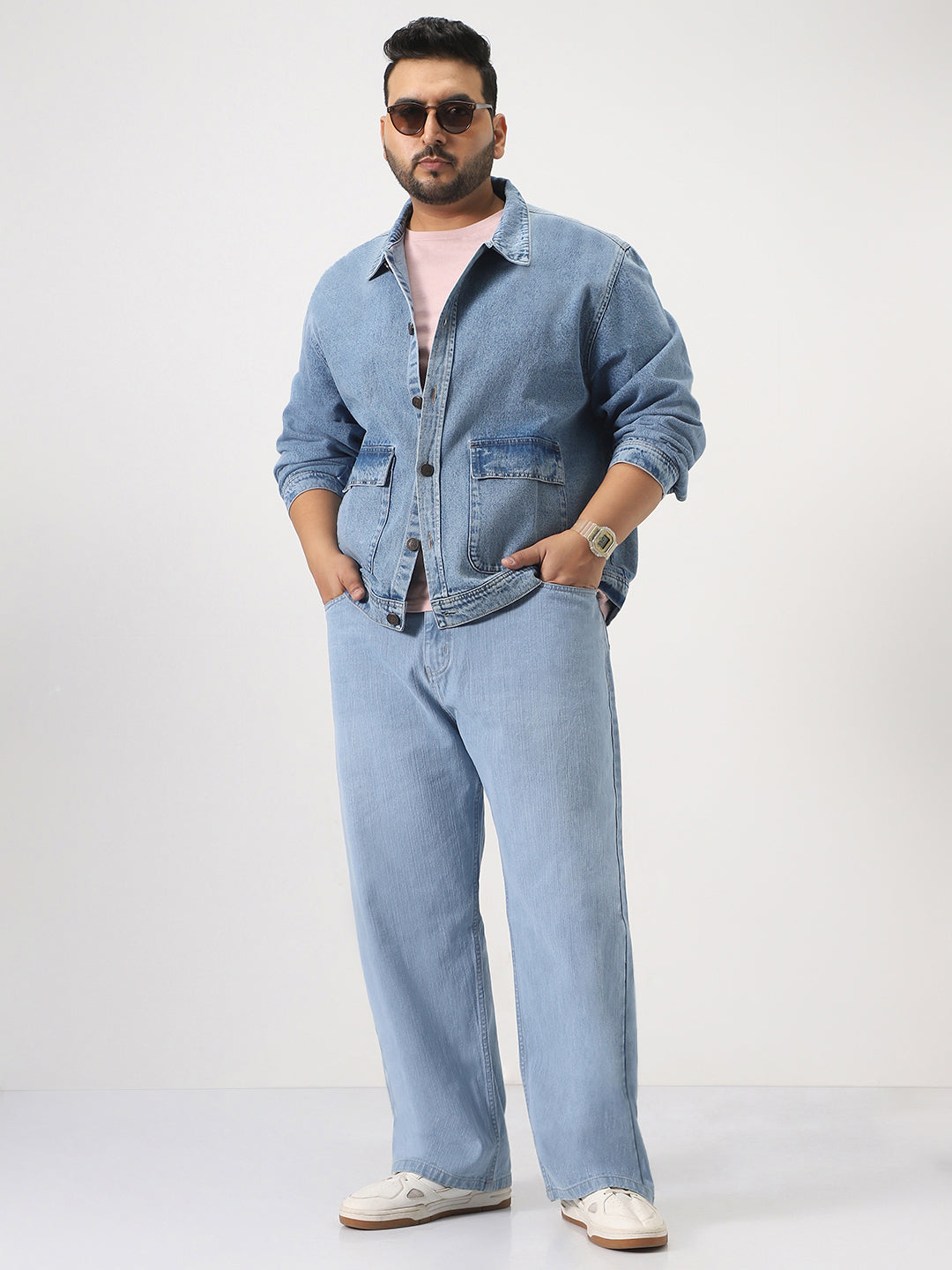 Plus Men's Ice Blue Relaxed Fit Full Sleeve Utility Denim Jacket