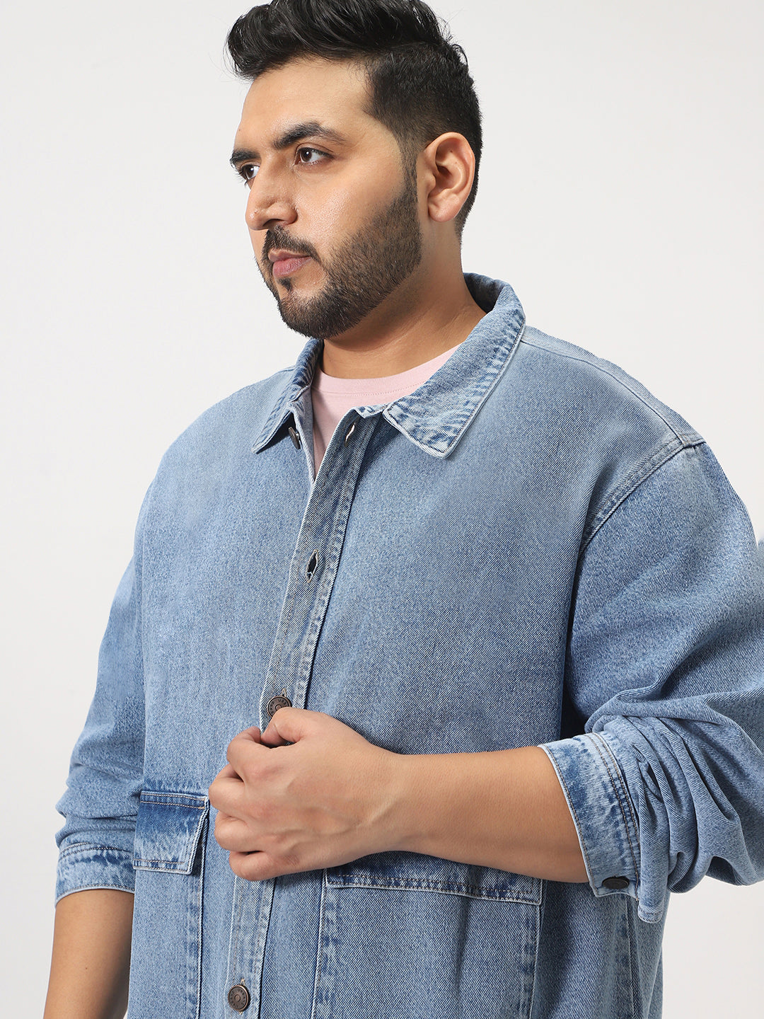 Plus Men's Ice Blue Relaxed Fit Full Sleeve Utility Denim Jacket