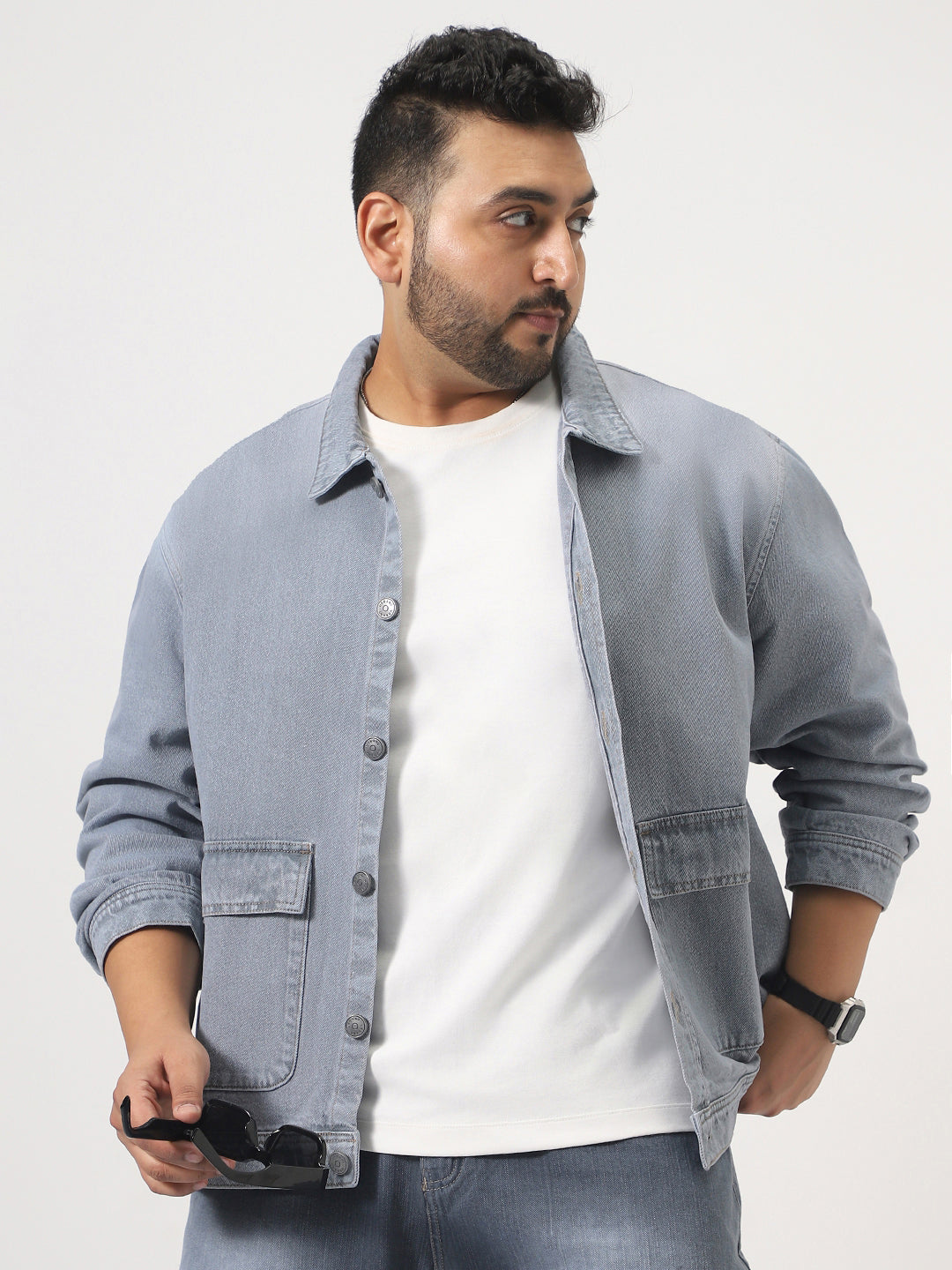 Plus Men's Ice Grey Relaxed Fit Full Sleeve Utility Denim Jacket