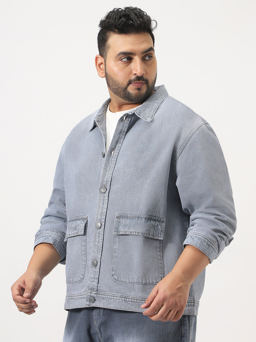 Plus Men's Ice Grey Relaxed Fit Full Sleeve Utility Denim Jacket