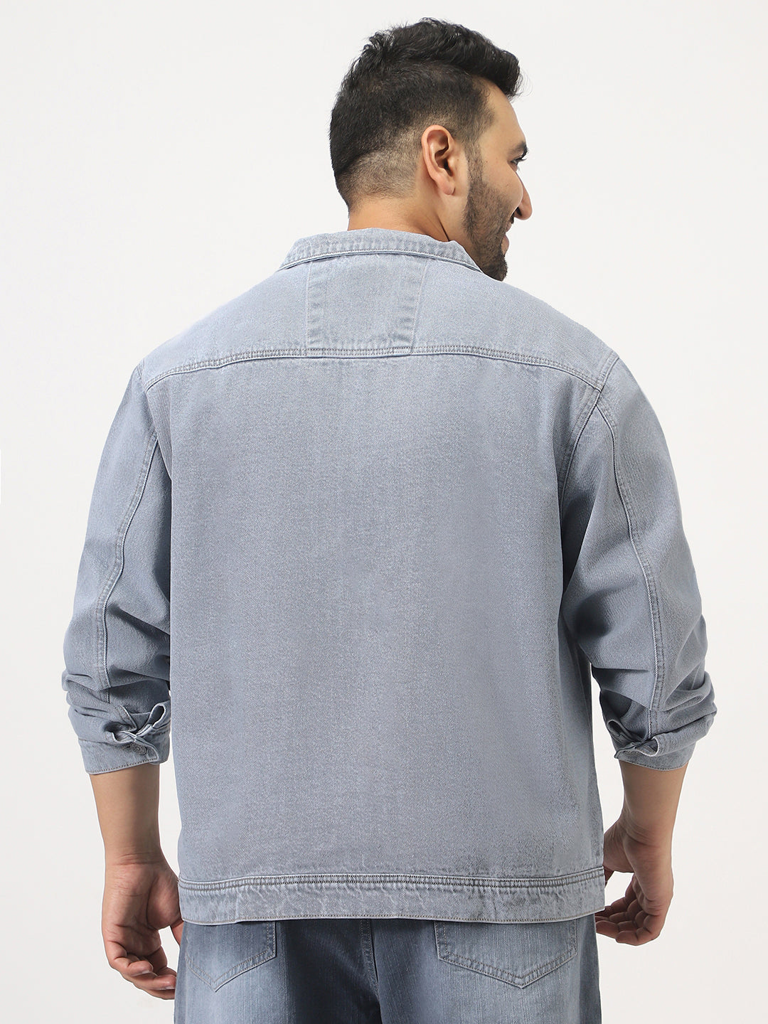 Plus Men's Ice Grey Relaxed Fit Full Sleeve Utility Denim Jacket