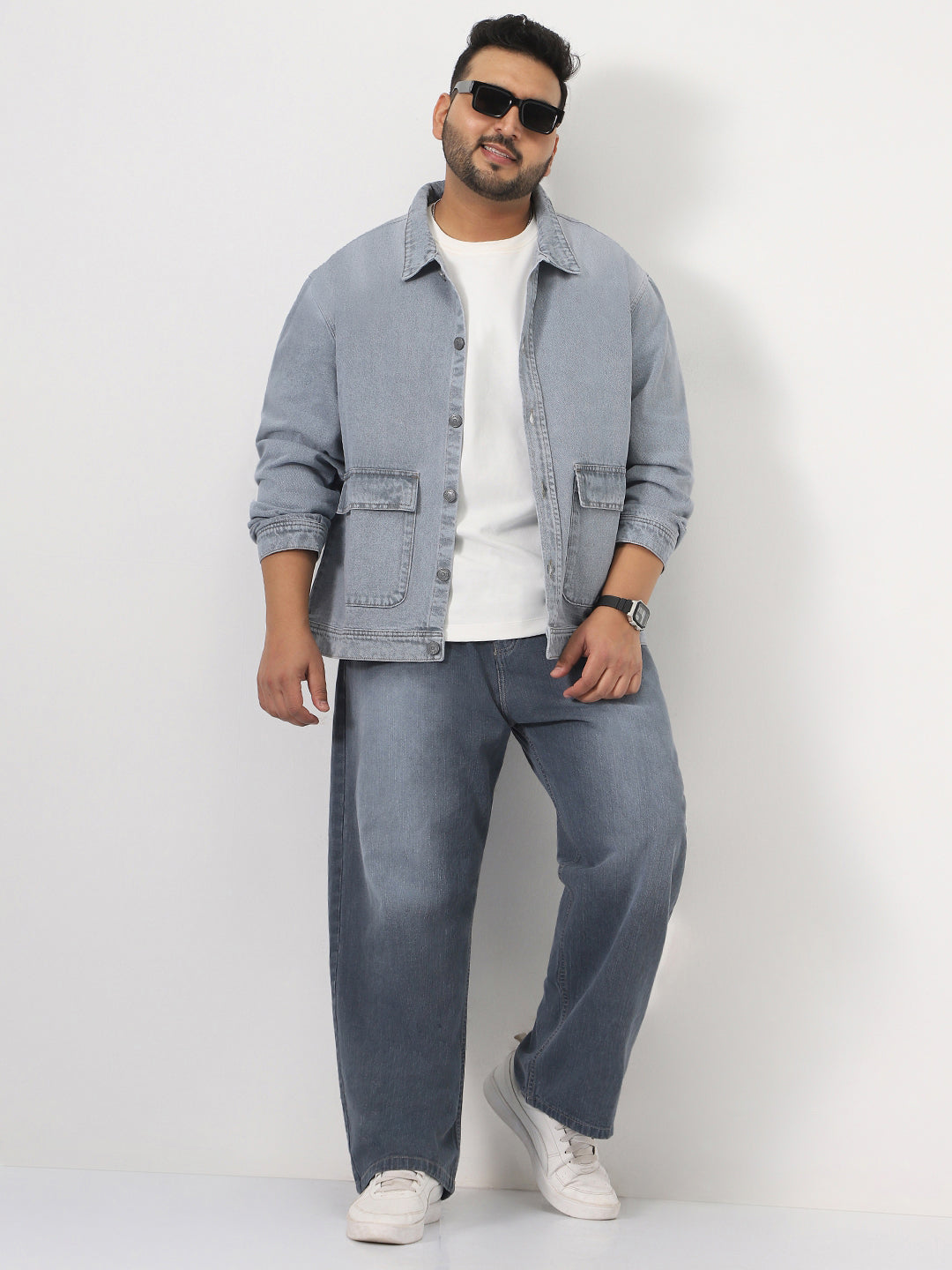 Plus Men's Ice Grey Relaxed Fit Full Sleeve Utility Denim Jacket