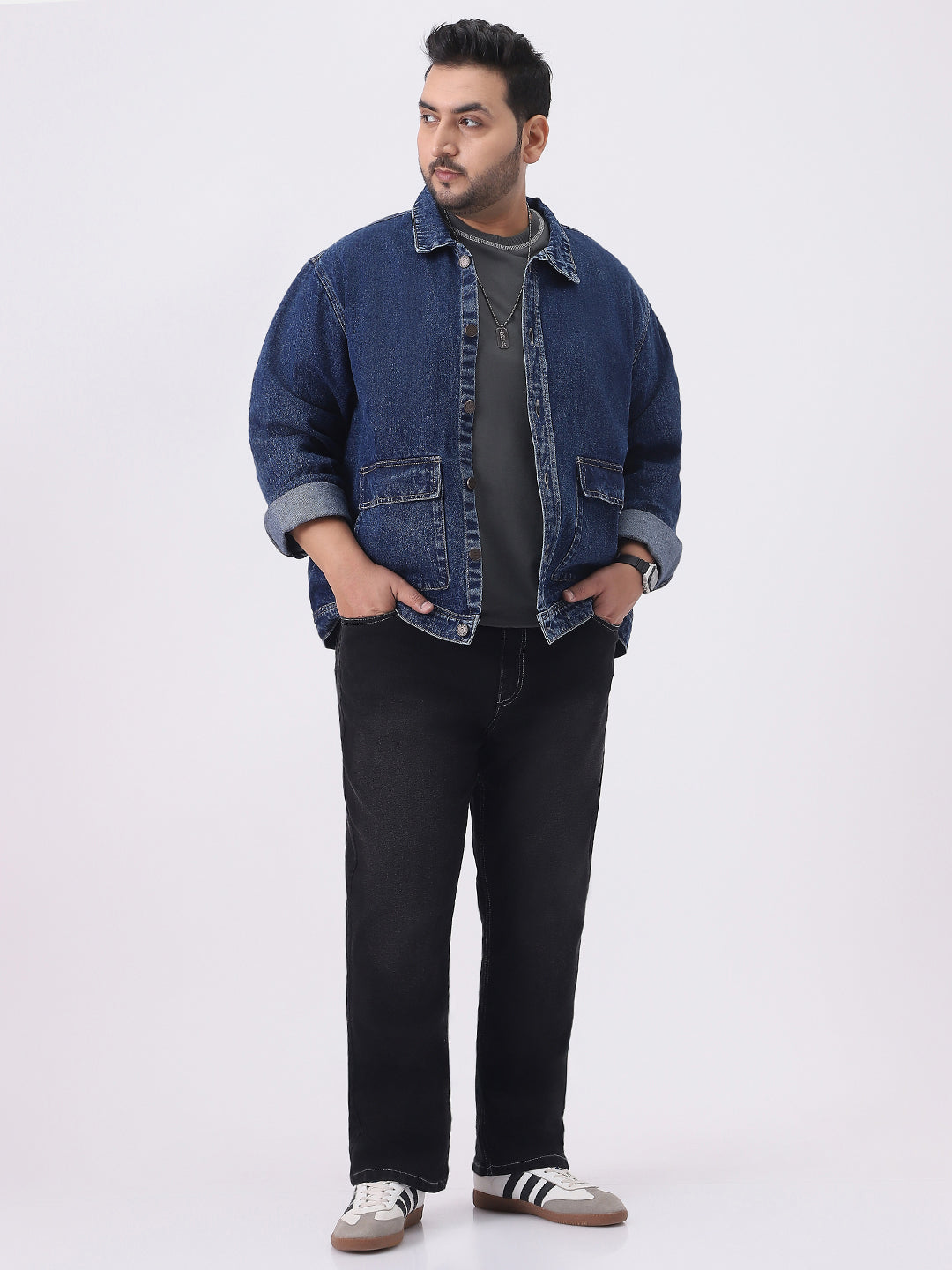 Plus Men's Blue Relaxed Fit Full Sleeve Utility Denim Jacket