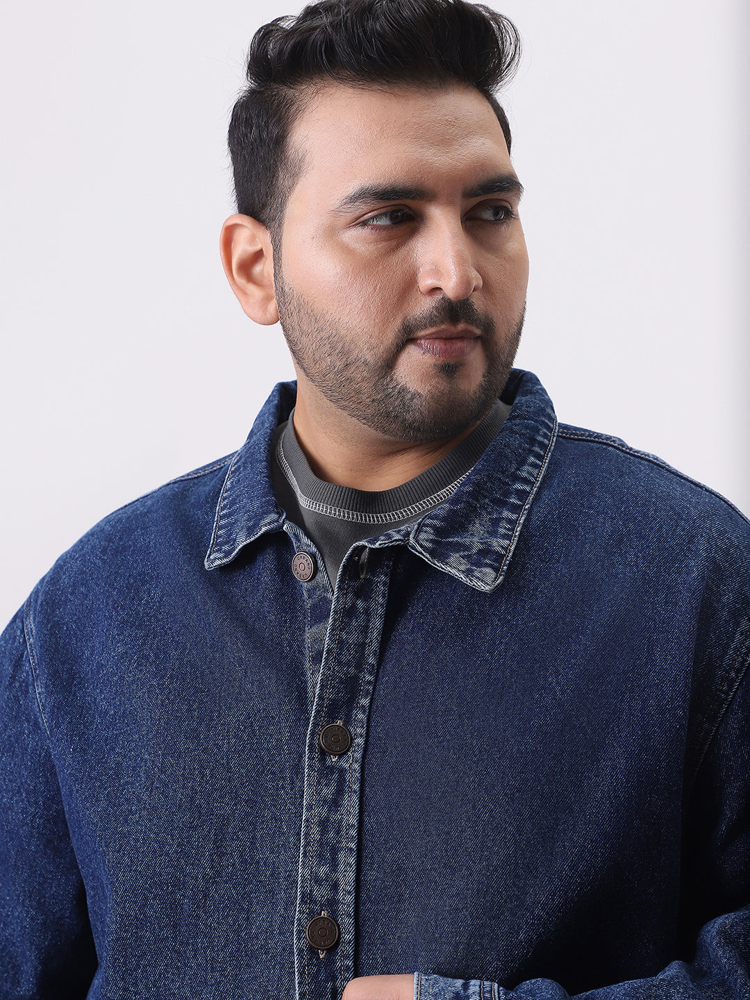 Plus Men's Blue Relaxed Fit Full Sleeve Utility Denim Jacket