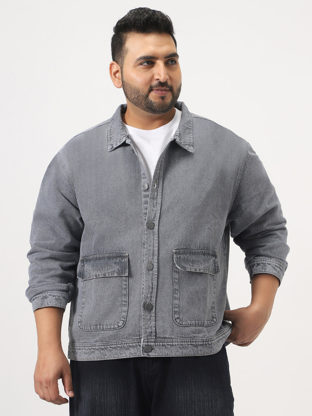 Plus Men's Grey Relaxed Fit Full Sleeve Utility Denim Jacket
