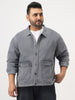 Plus Men's Grey Relaxed Fit Full Sleeve Utility Denim Jacket