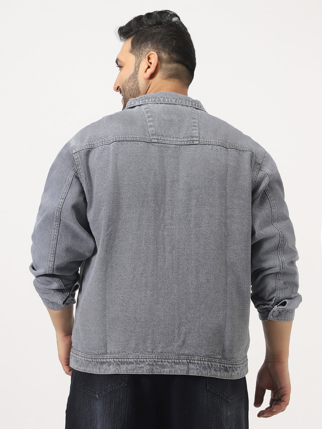 Plus Men's Grey Relaxed Fit Full Sleeve Utility Denim Jacket