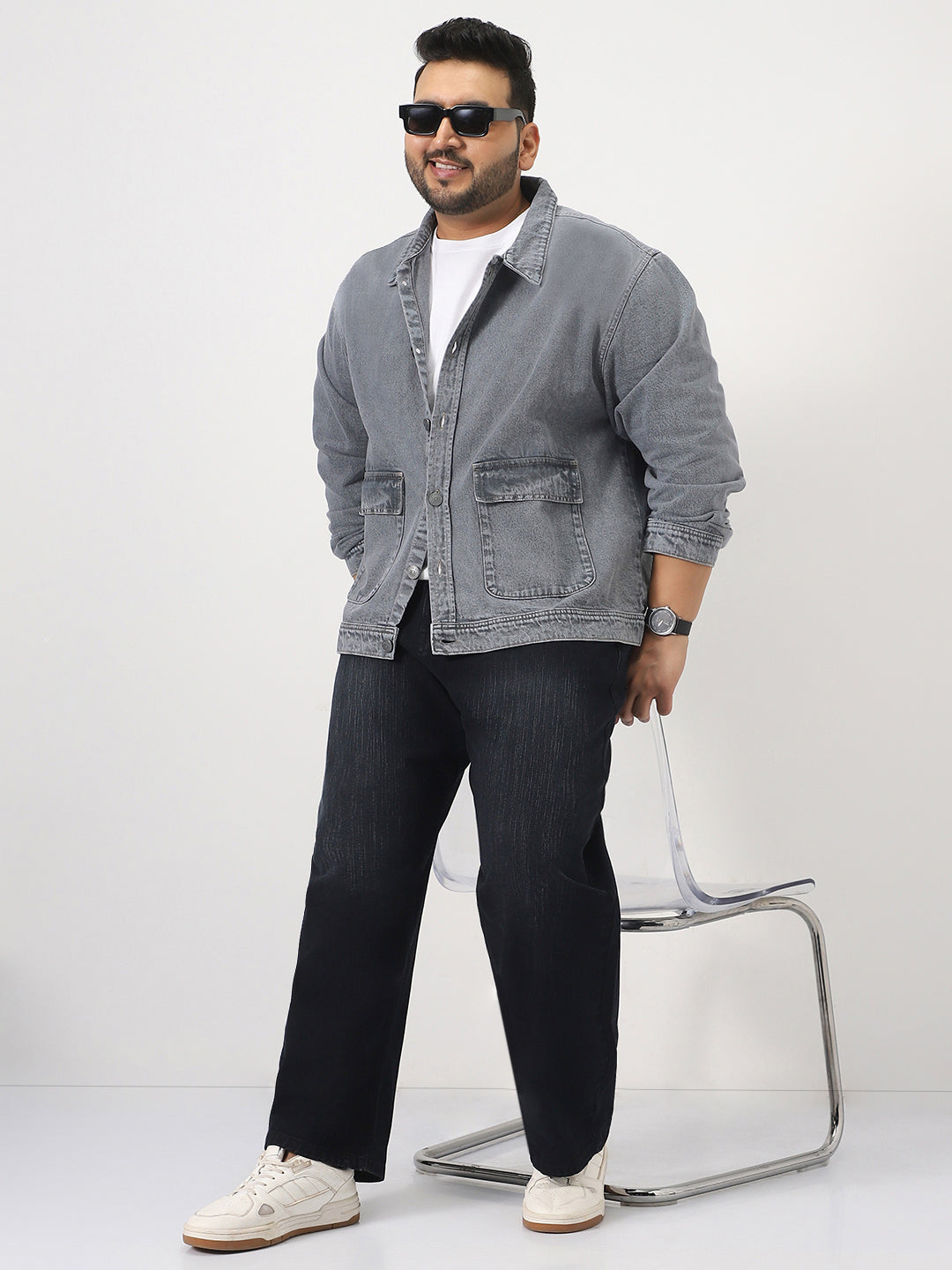Plus Men's Grey Relaxed Fit Full Sleeve Utility Denim Jacket