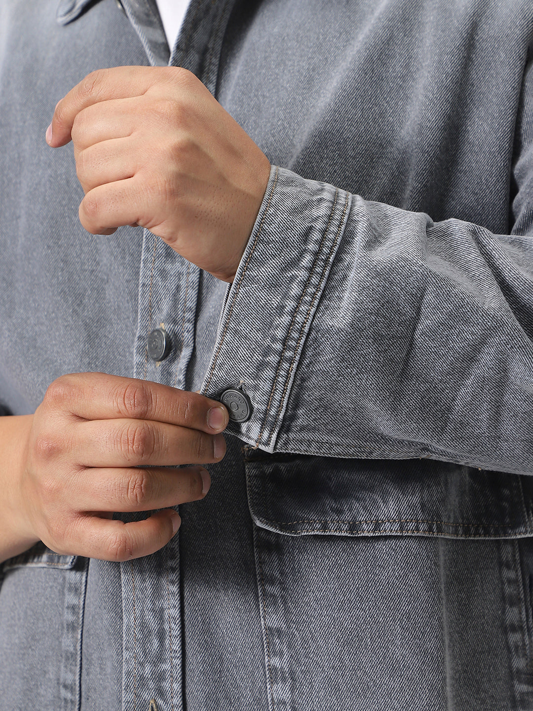 Plus Men's Grey Relaxed Fit Full Sleeve Utility Denim Jacket