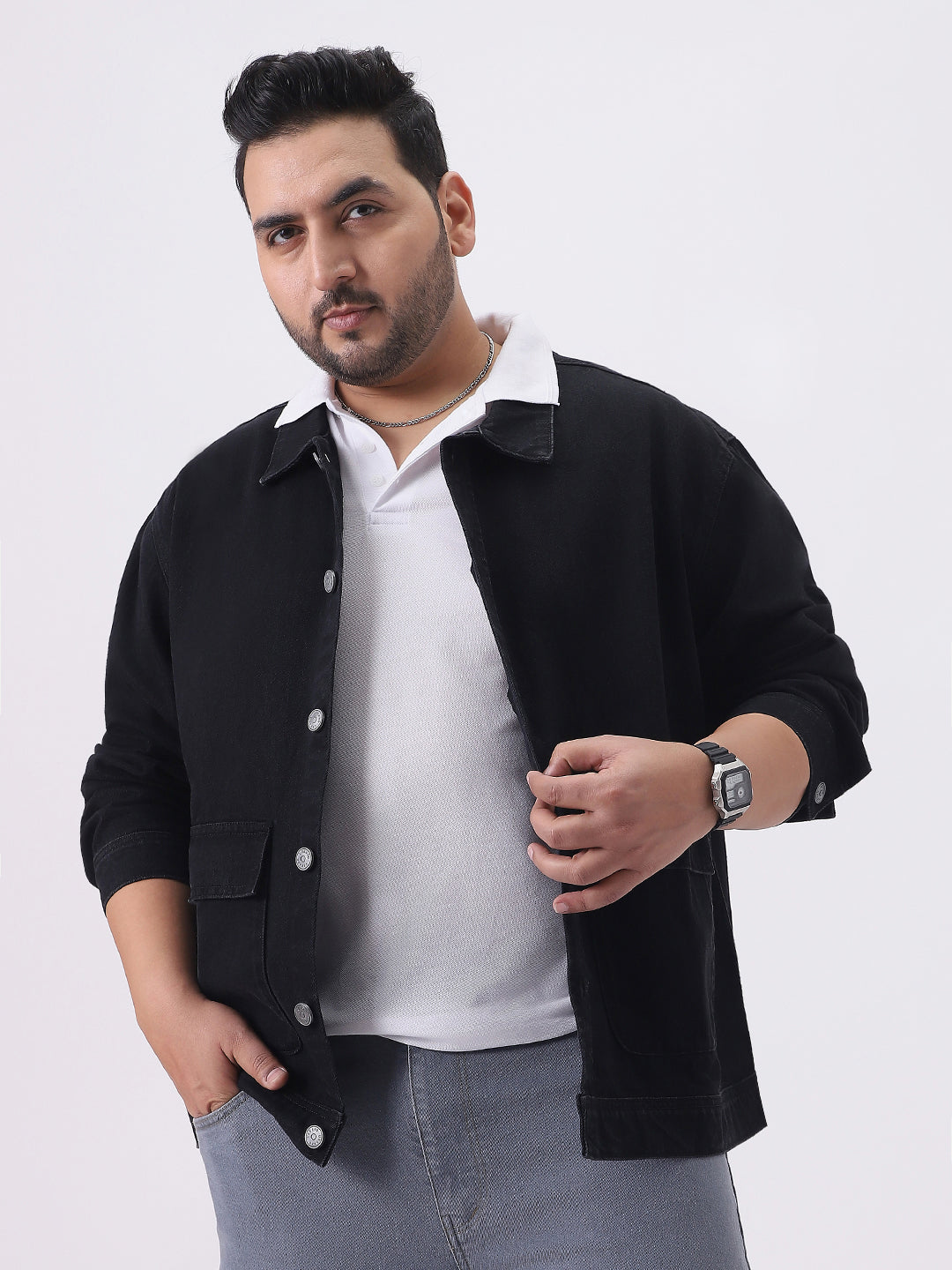 Plus Men's Black Relaxed Fit Full Sleeve Utility Denim Jacket