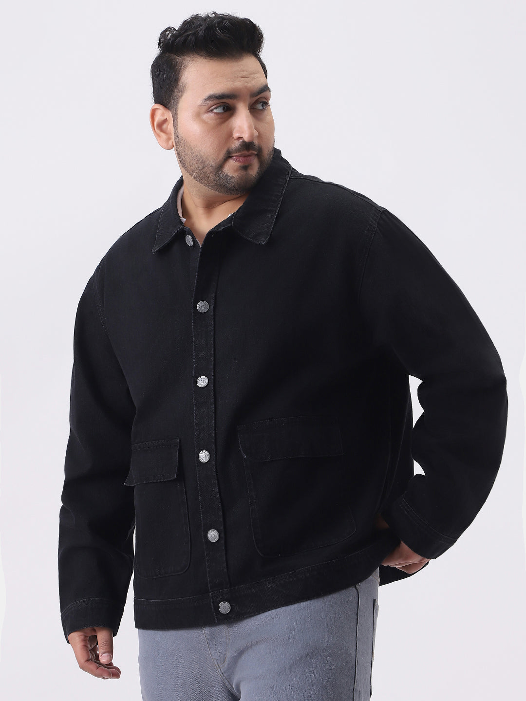 Plus Men's Black Relaxed Fit Full Sleeve Utility Denim Jacket