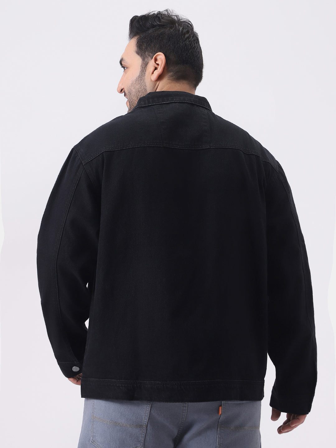 Plus Men's Black Relaxed Fit Full Sleeve Utility Denim Jacket