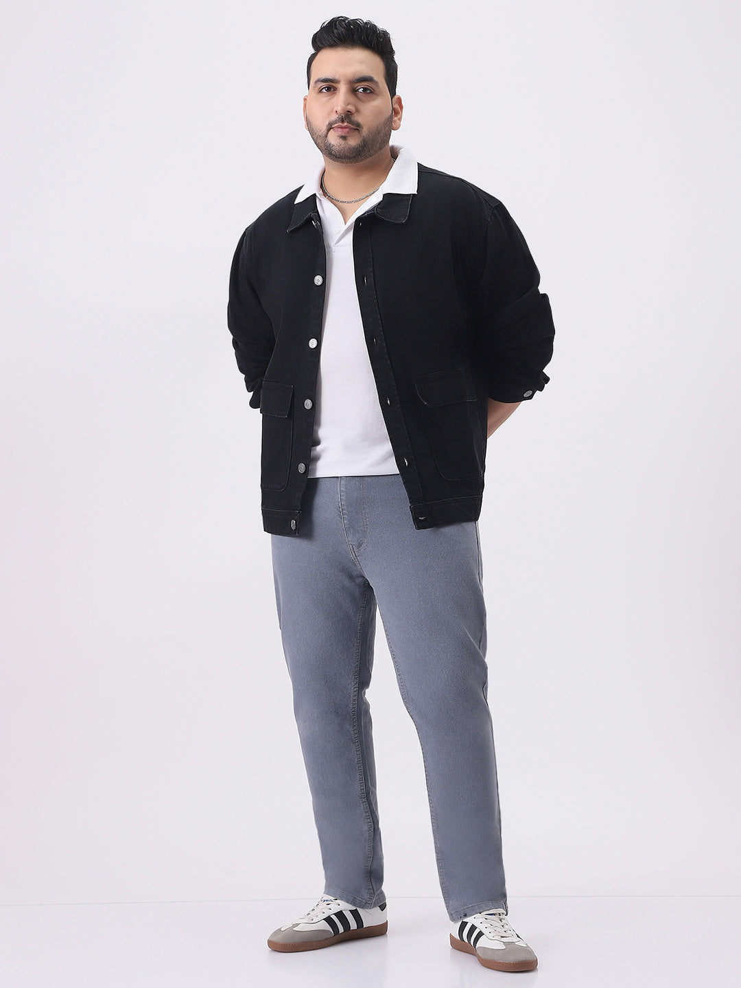 Plus Men's Black Relaxed Fit Full Sleeve Utility Denim Jacket