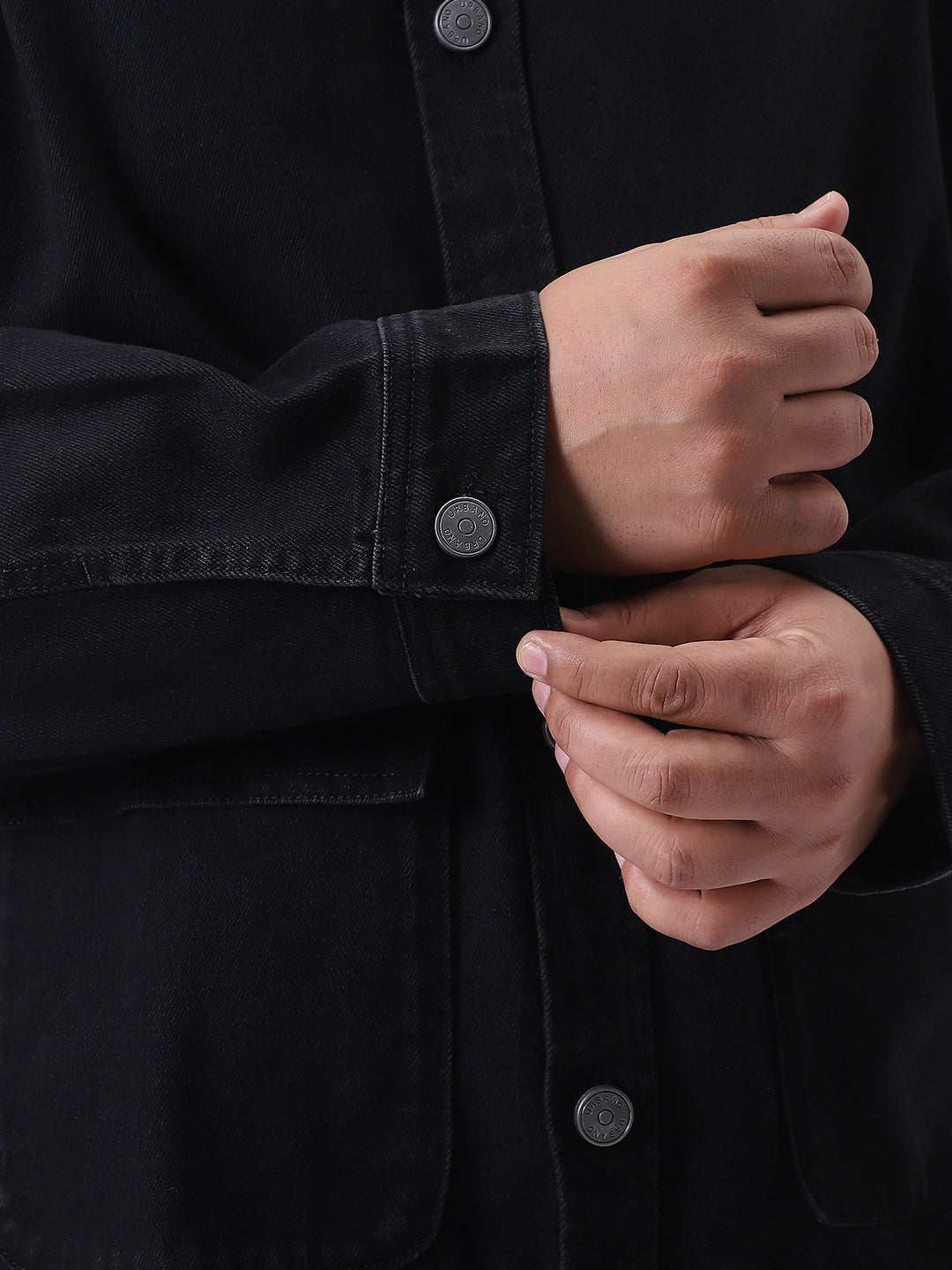 Plus Men's Black Relaxed Fit Full Sleeve Utility Denim Jacket