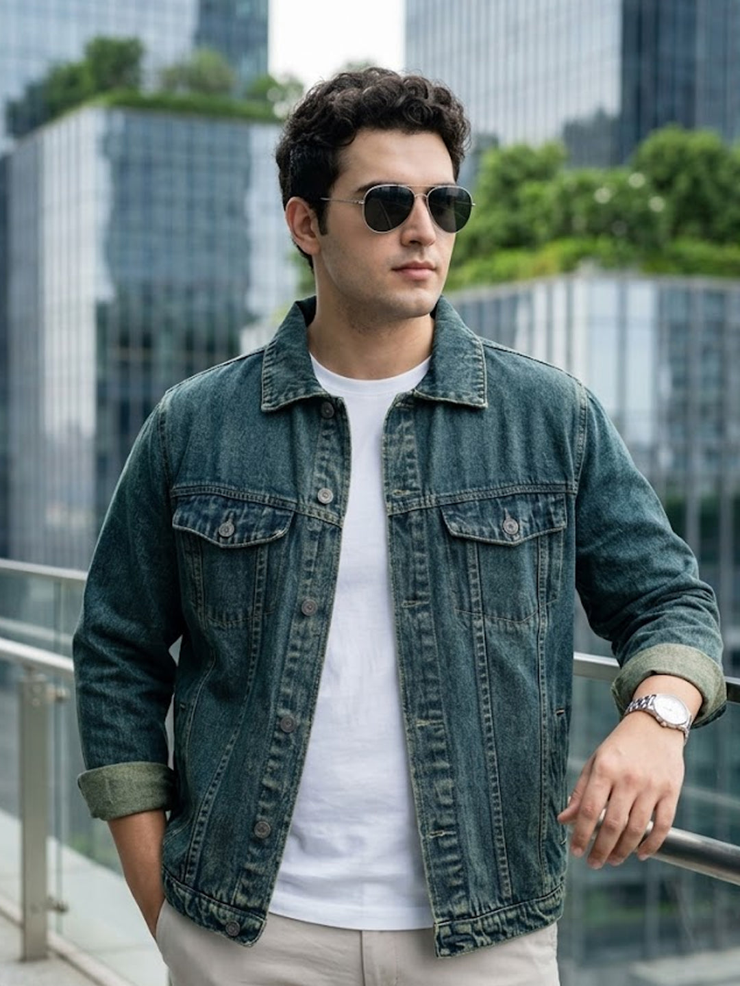 Plus Men's Blue Regular Fit Washed Full Sleeve Denim Jacket