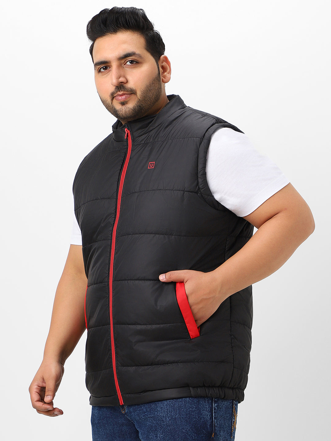 Plus Men's Black Sleeveless Zippered Puffer Jacket