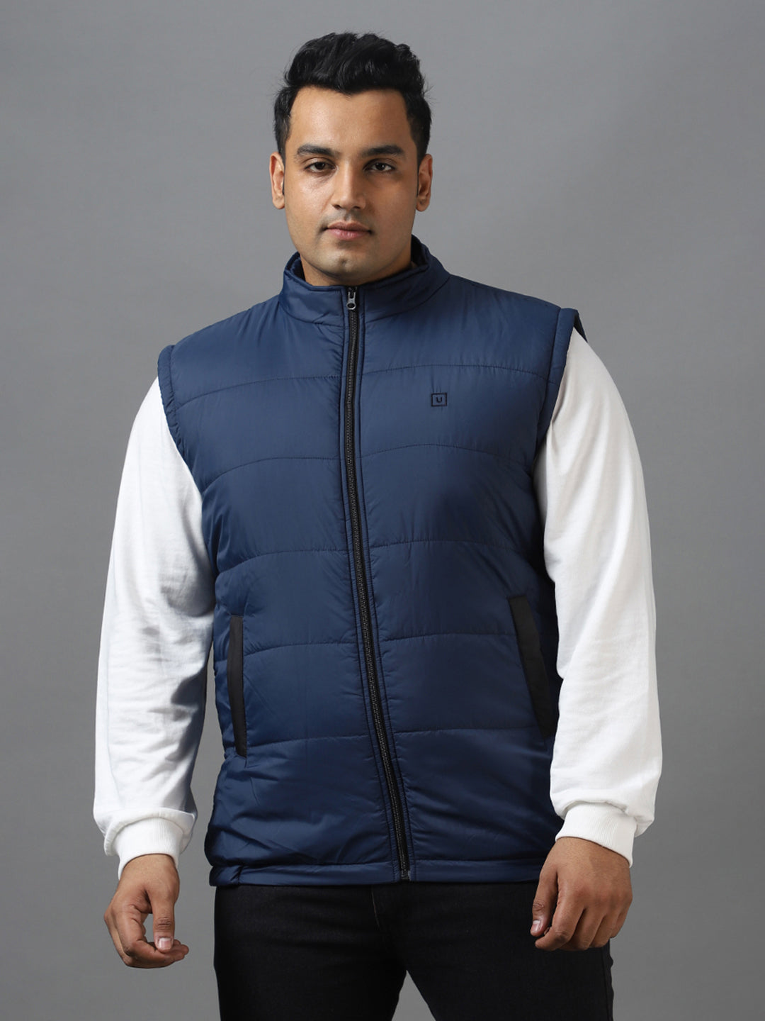 Plus Men's Blue Sleeveless Zippered Puffer Jacket