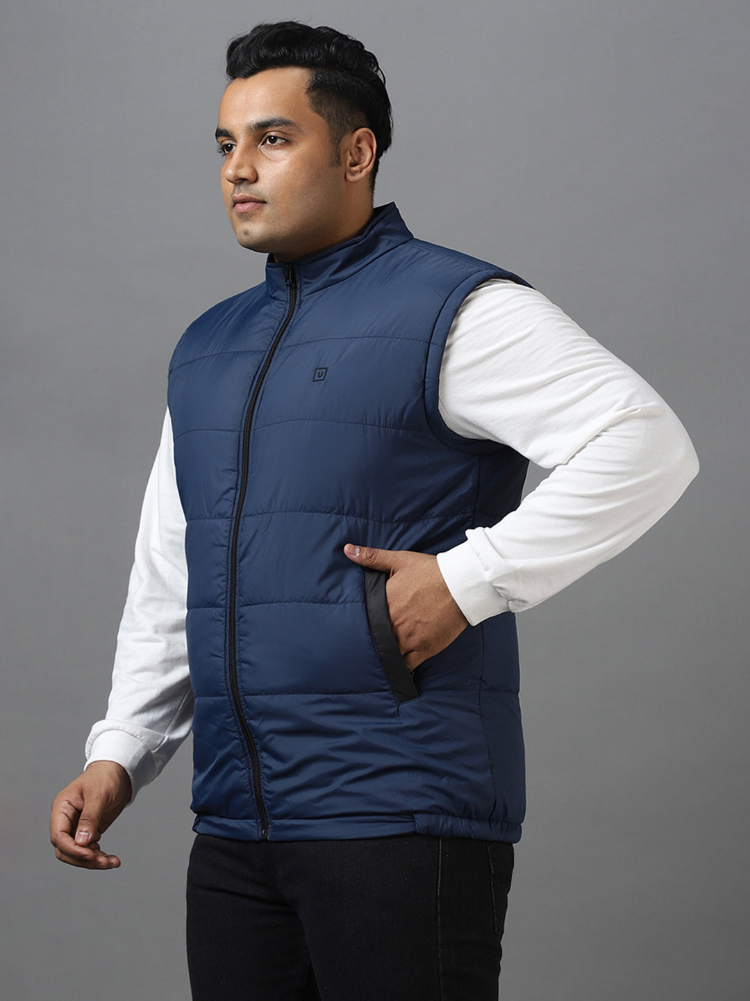 Plus Men's Blue Sleeveless Zippered Puffer Jacket