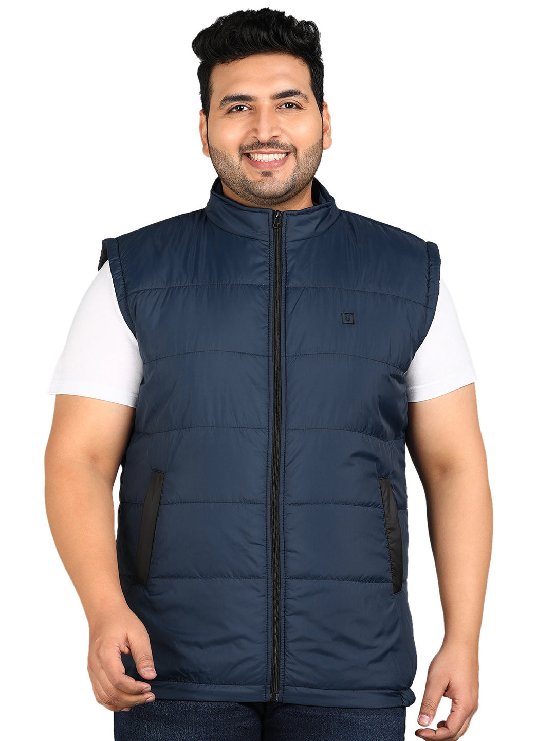 Plus Men's Blue Sleeveless Zippered Puffer Jacket