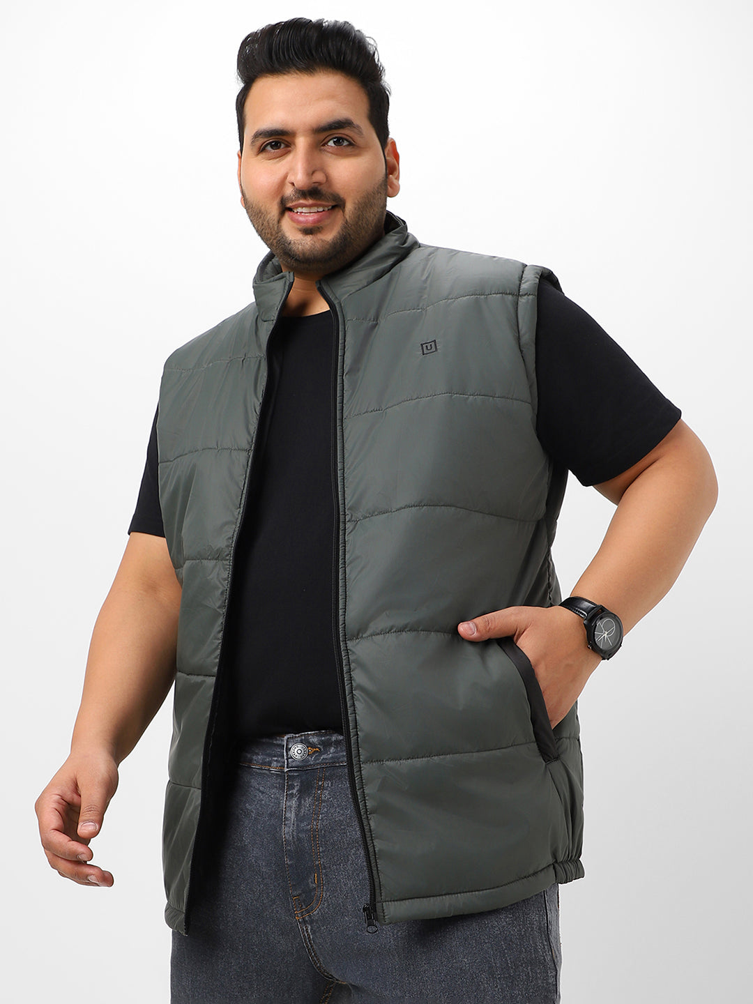 Plus Men's Green Sleeveless Zippered Puffer Jacket