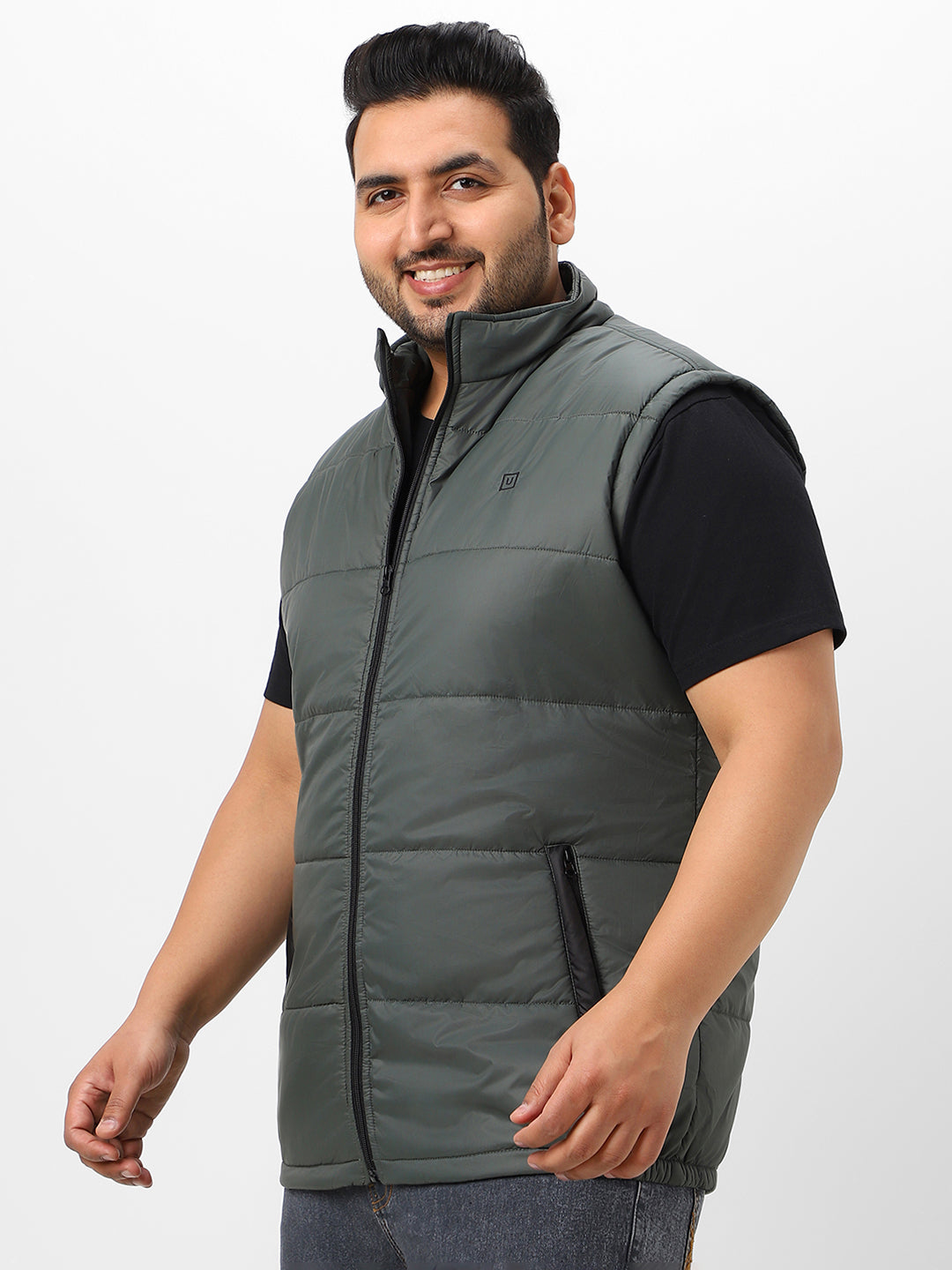 Plus Men's Green Sleeveless Zippered Puffer Jacket