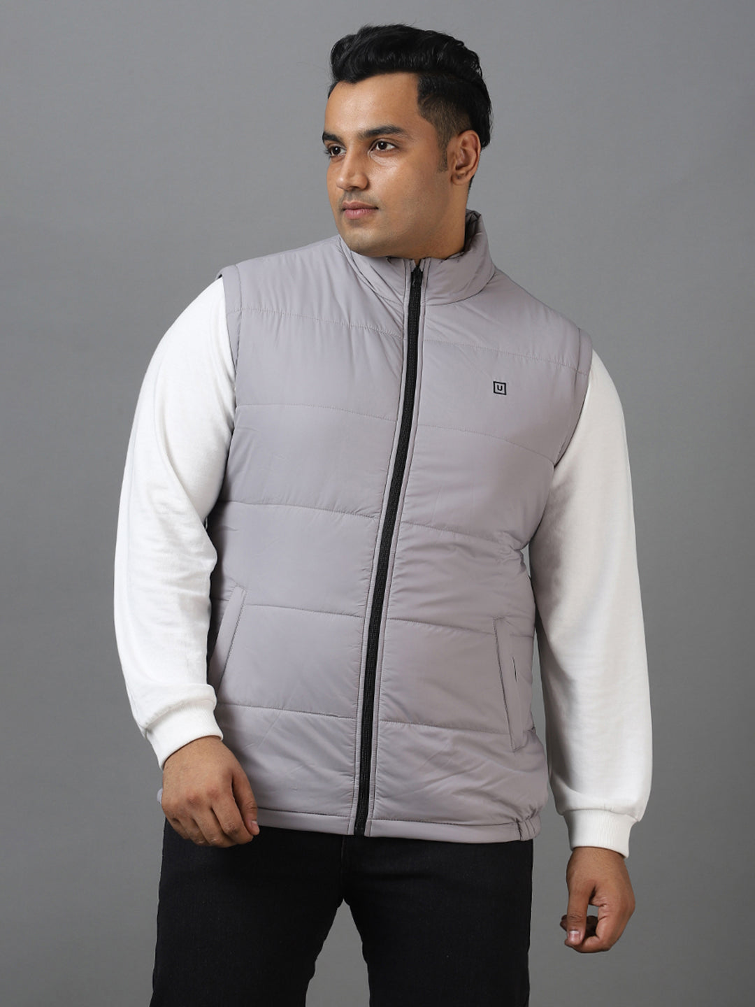 Plus Men's Light Grey Sleeveless Zippered Puffer Jacket