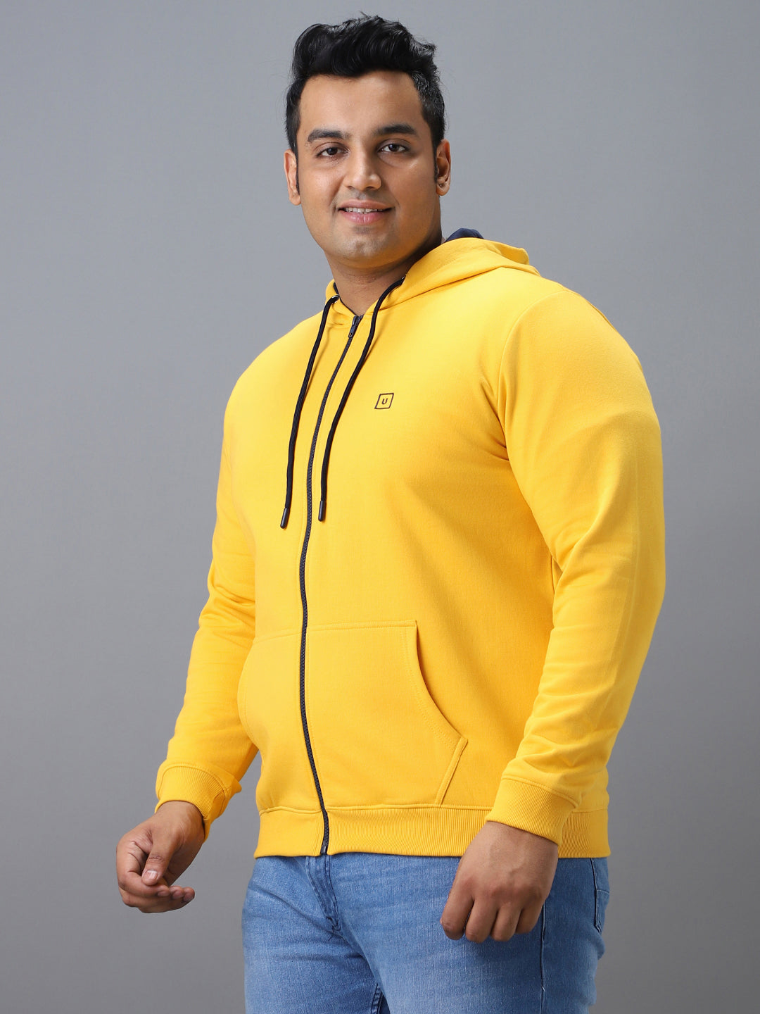 Plus Men's Yellow Solid Cotton Zippered Hooded Casual Winterwear Sweatshirt