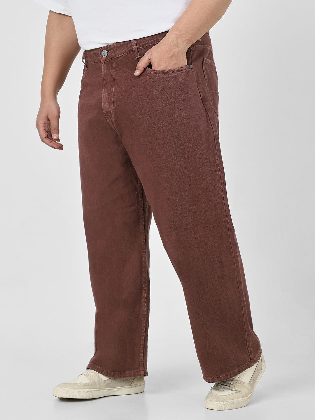 Plus Men's Brown Loose Fit Washed Jeans Non-Stretchable